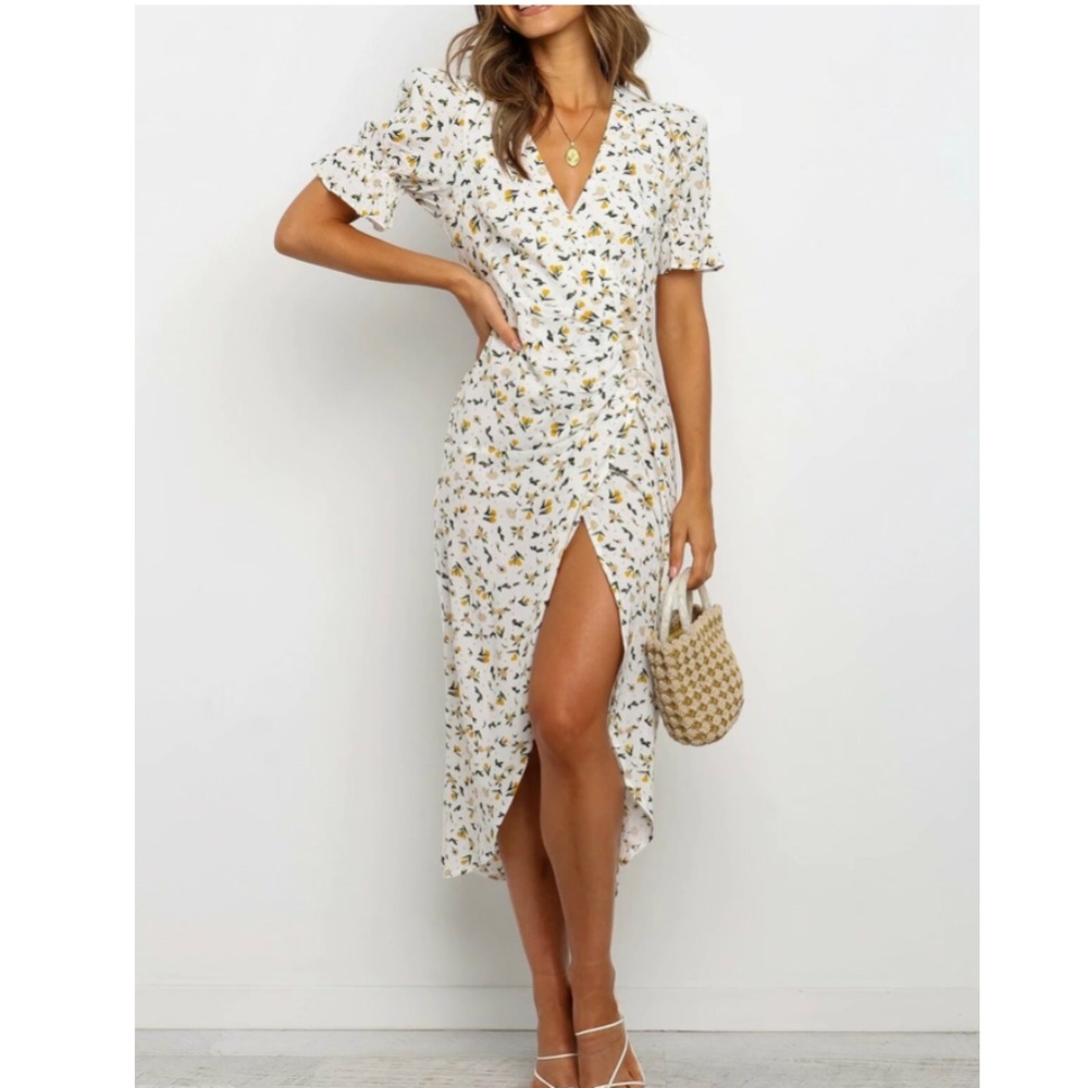 Bohemian yellow floral Puff Sleeve Dress Tulip Hem